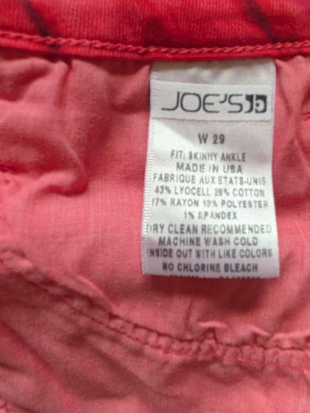 EUC -- JOE's Jeans Ikat Print Red / Pink Skinny Ankle Pant - Size 29 - Picture 4 of 4